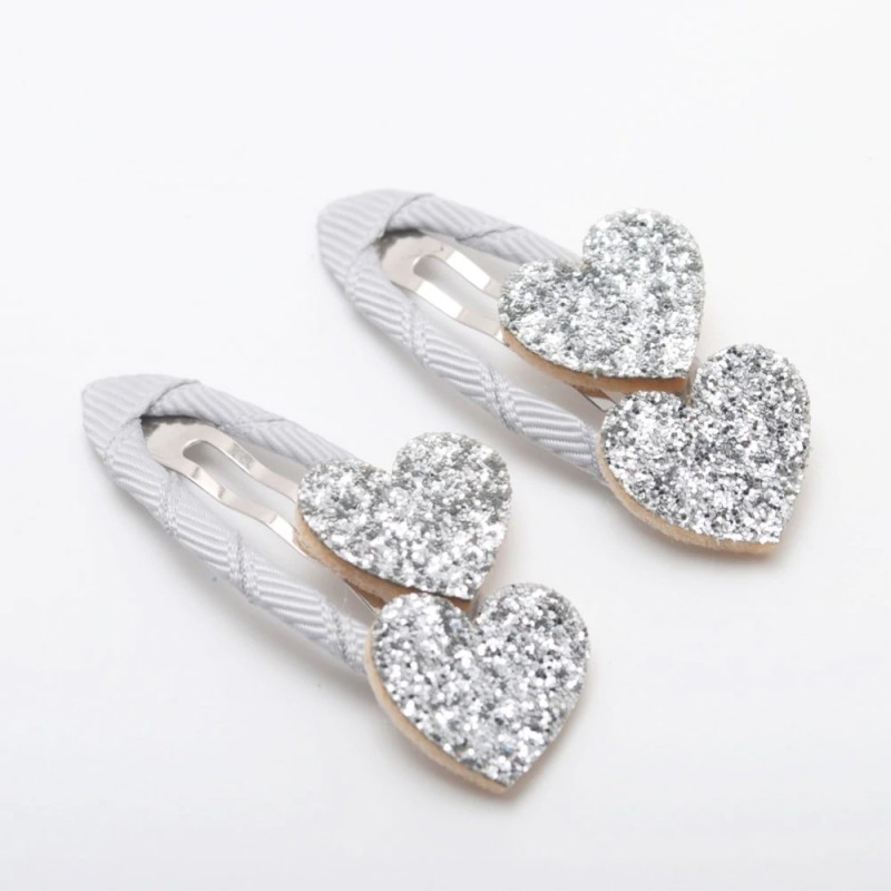 barrettes coeurs paillettes argenté