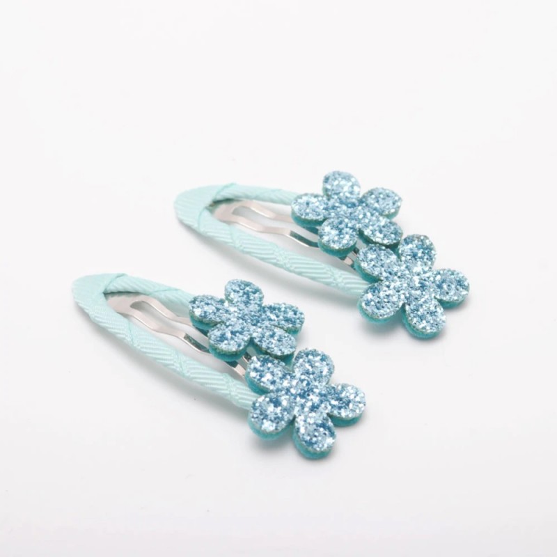 barrettes fleurs paillettes bleu ciel